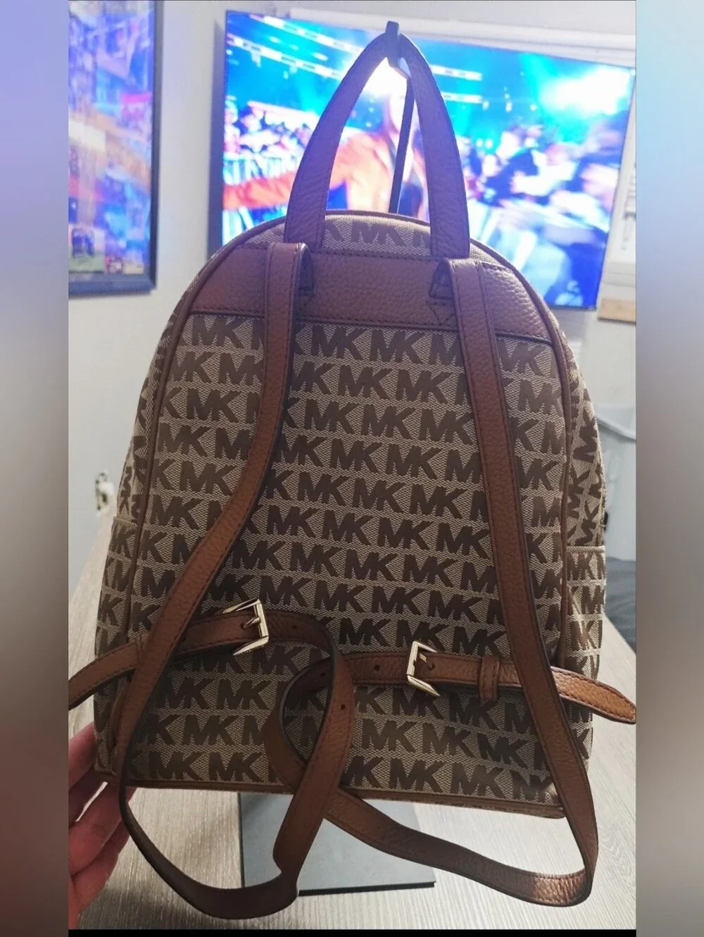 Auth. Michael Kors Abbey MK Signature Jaquard Backpack Beige/Ebony Medium